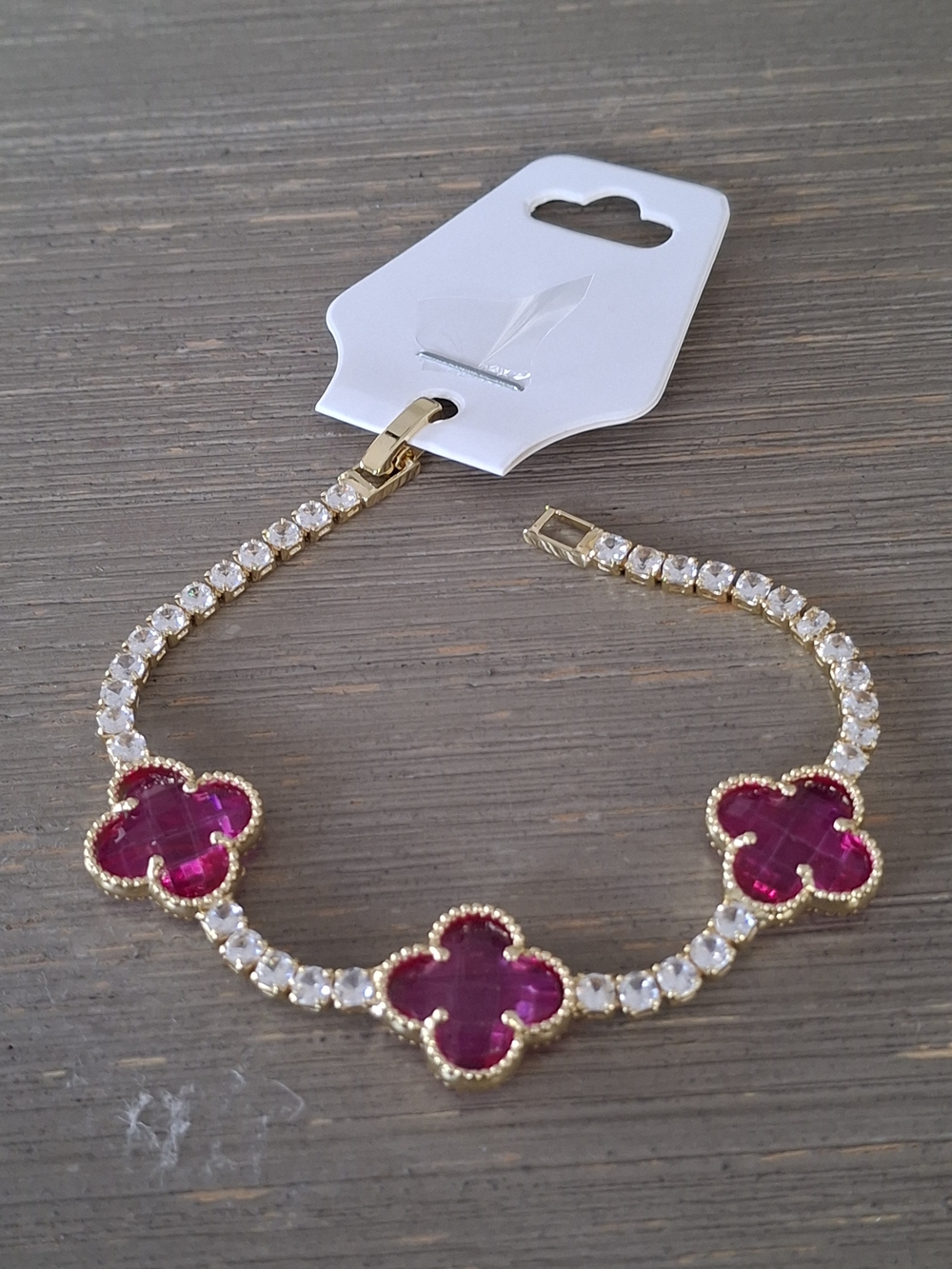 Gold-Tone Bracelet with Pink Clover Stones and Clear Crystals